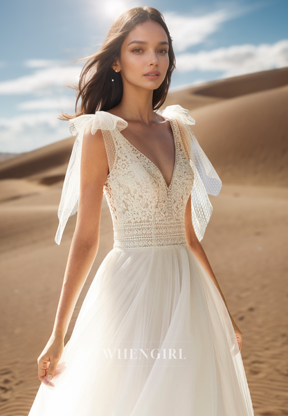 A Line V Neck Lace Appliques Unique Wedding Dress with Train