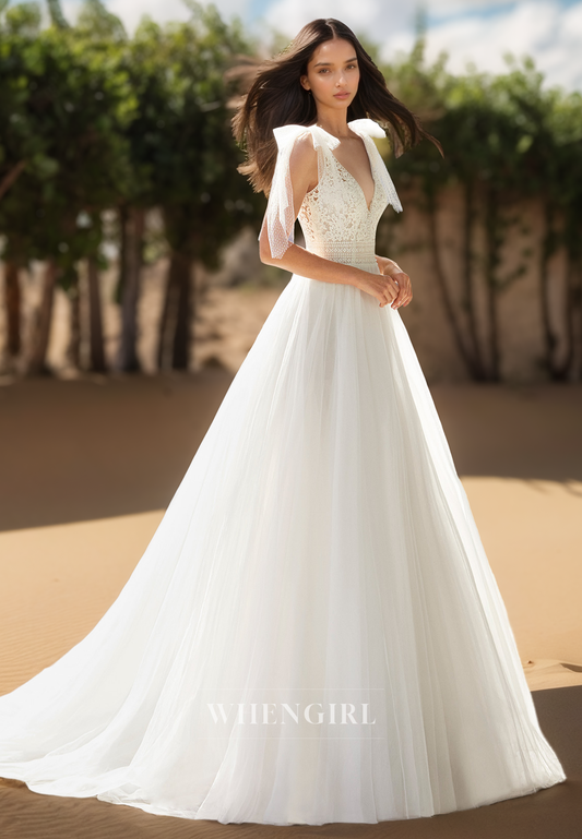 A Line V Neck Lace Appliques Unique Wedding Dress with Train