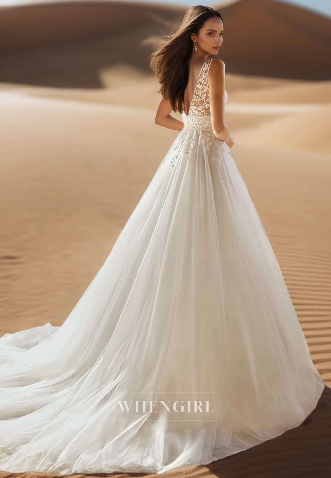 A Line V neck Lace Appliques Romantic Wedding Dress with Train