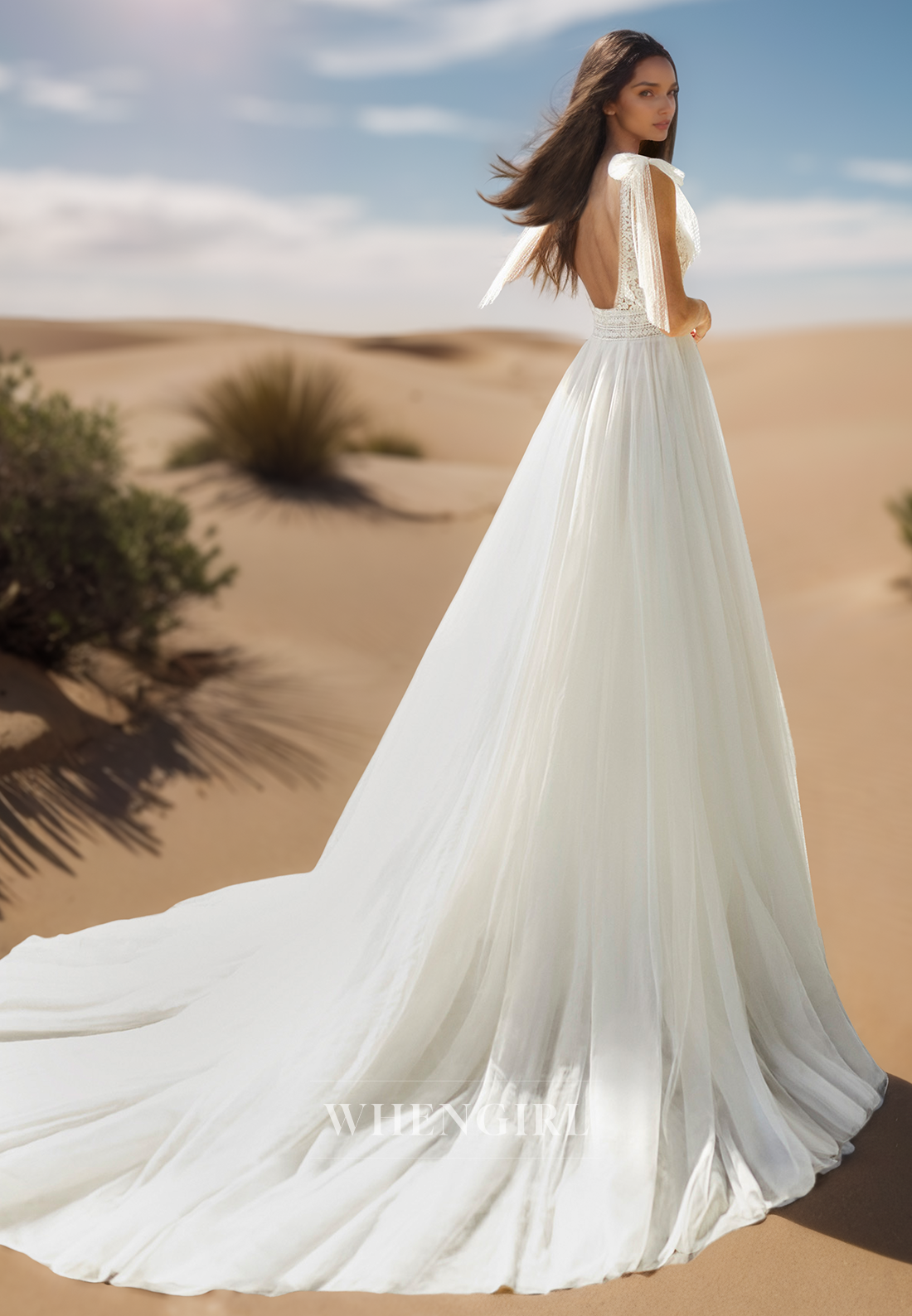 A Line V Neck Lace Appliques Unique Wedding Dress with Train
