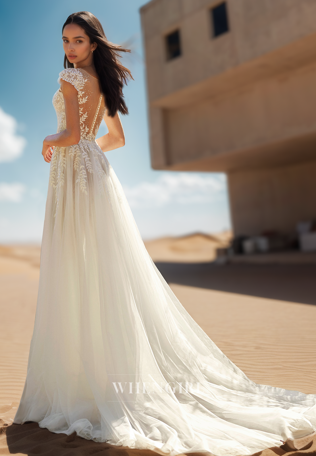 A Line Illusion Neckline Short Sleeves Lace Appliques Beach Wedding Dress