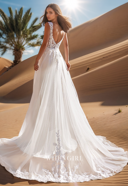 Sexy V Neck Lace Appliqued Sheath Beach Wedding Dress with Train