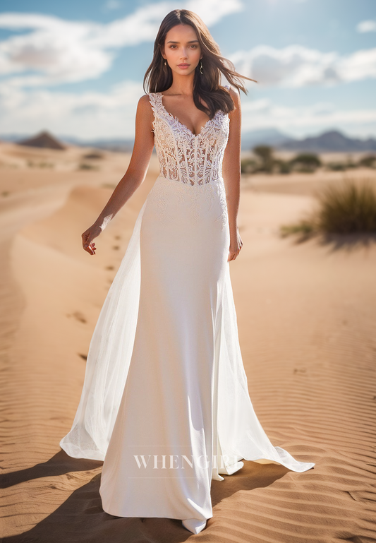 Sexy V Neck Lace Appliqued Sheath Beach Wedding Dress with Train