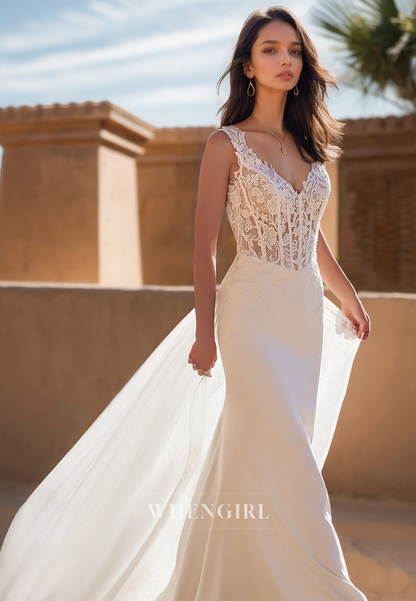 Sexy V Neck Lace Appliqued Sheath Beach Wedding Dress with Train