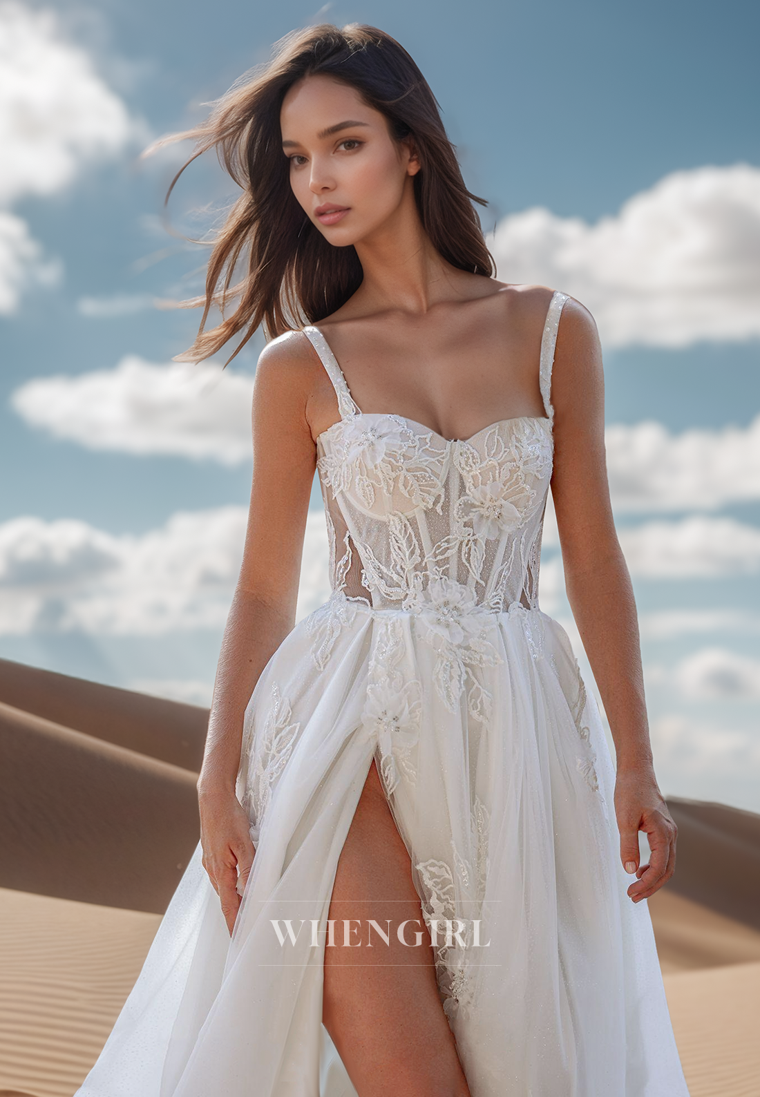 A Line Sweetheart Lace Appliques Side Slit Romantic Wedding Dress