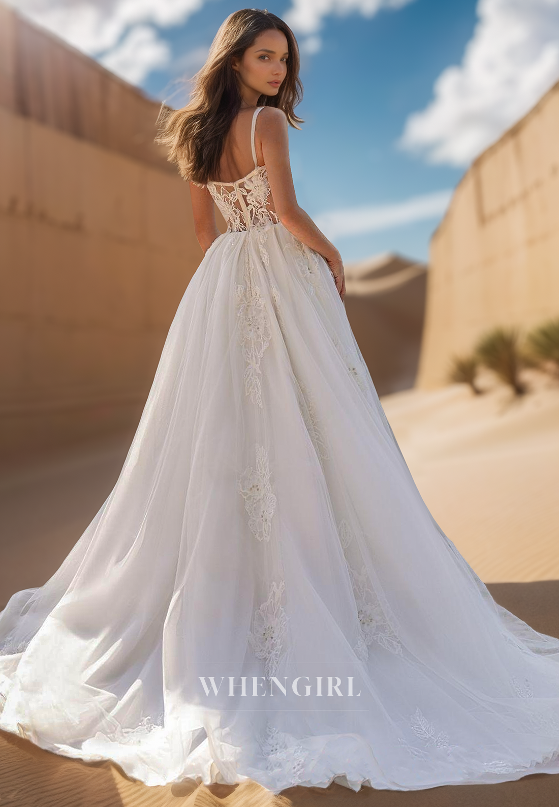 A Line Sweetheart Lace Appliques Side Slit Romantic Wedding Dress