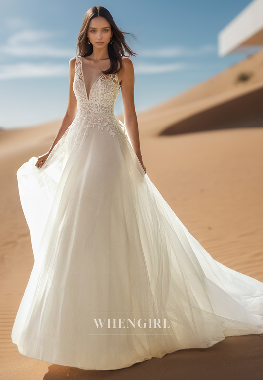 A Line V neck Lace Appliques Romantic Wedding Dress with Train