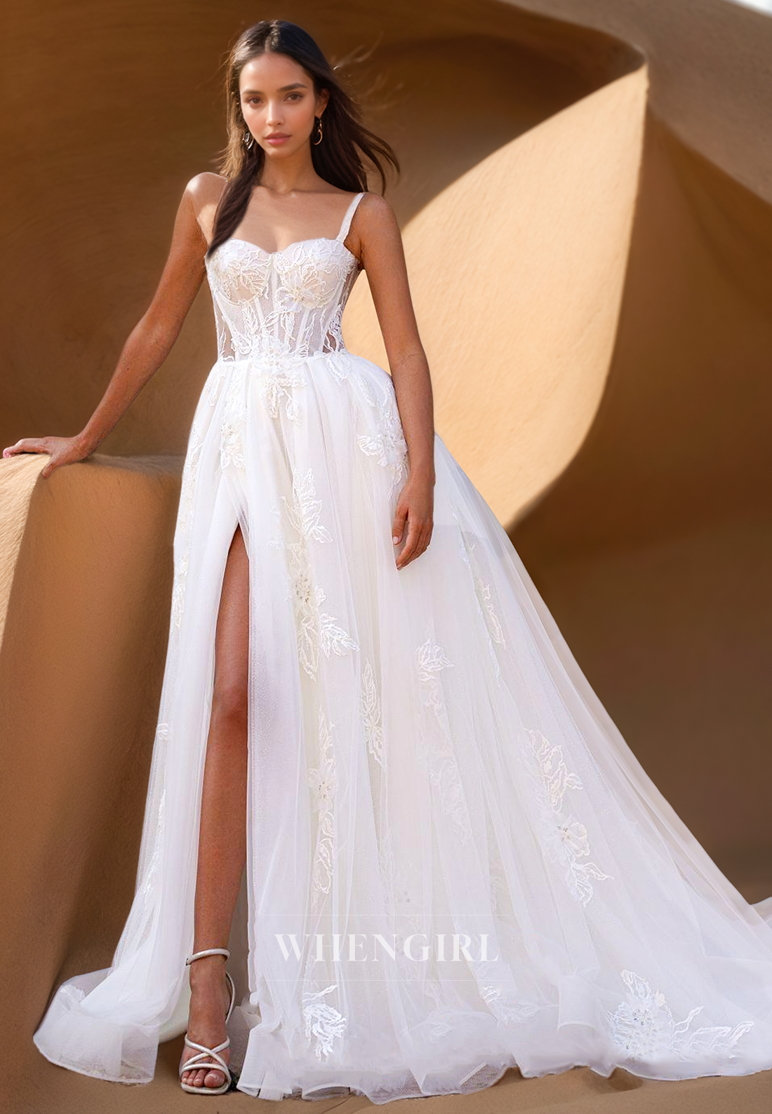 A Line Sweetheart Lace Appliques Side Slit Romantic Wedding Dress