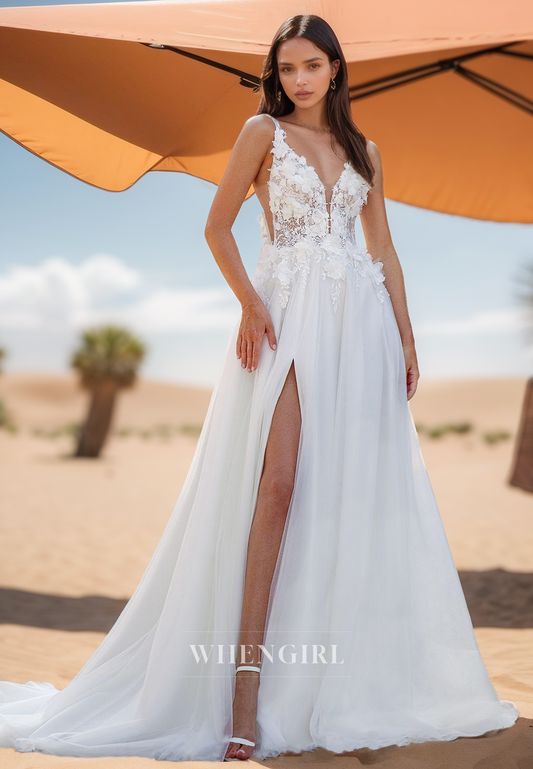 A Line Illusion V Neck 3D Appliques Beach Wedding Dress with Slit