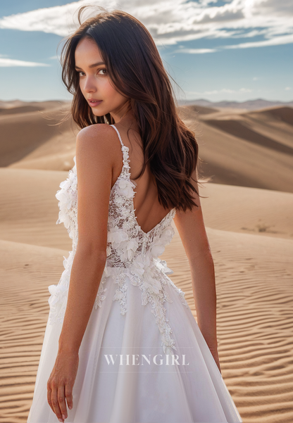 A Line Illusion V Neck 3D Appliques Beach Wedding Dress with Slit