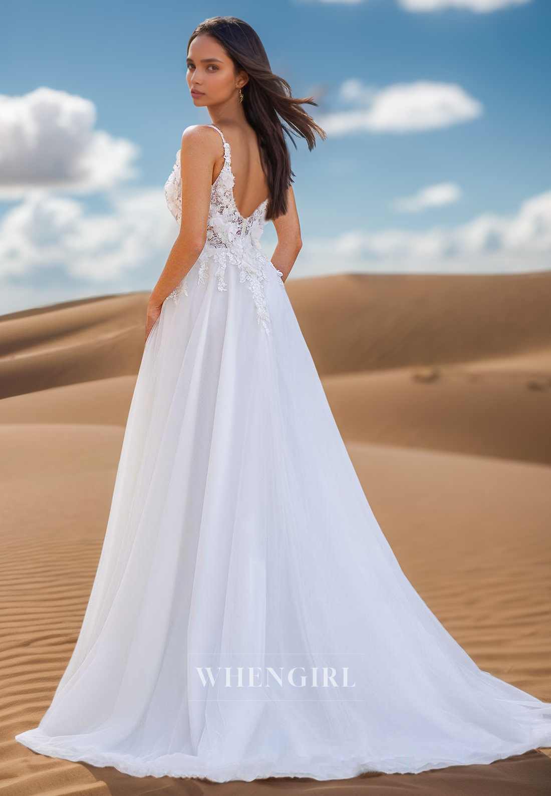 A Line Illusion V Neck 3D Appliques Beach Wedding Dress with Slit