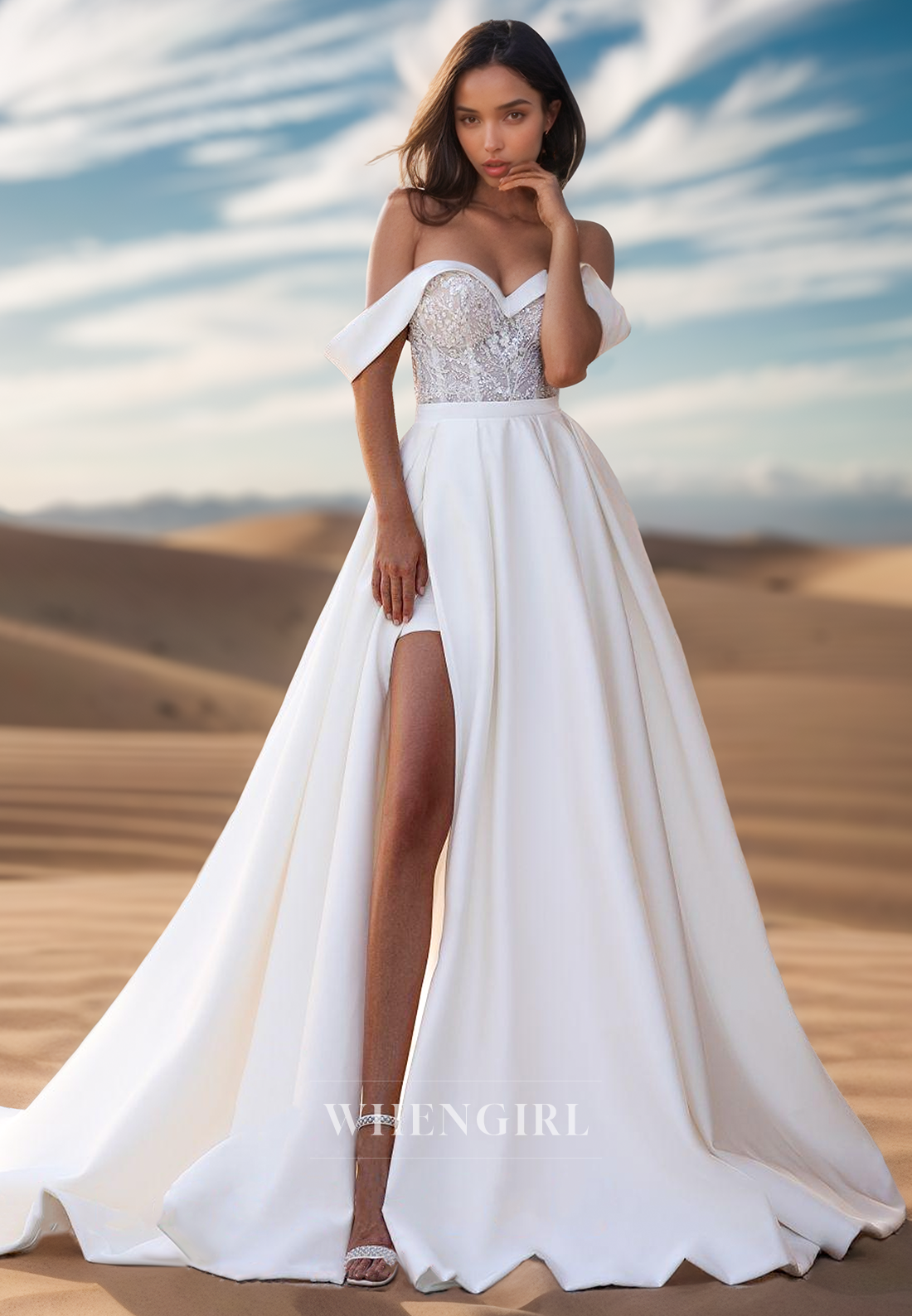 A Line Off Shoulder Bead Lace Side Slit Satin Wedding Dress