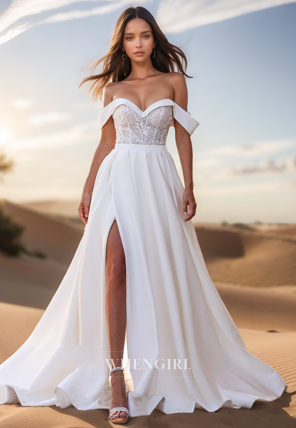 A Line Off Shoulder Bead Lace Side Slit Satin Wedding Dress