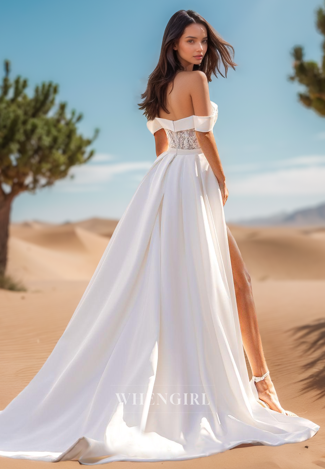 A Line Off Shoulder Bead Lace Side Slit Satin Wedding Dress