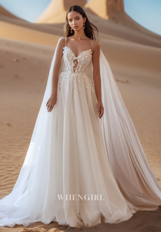 A Line Spaghetti Straps Lace Appliques Beach Wedding Dress for Bride