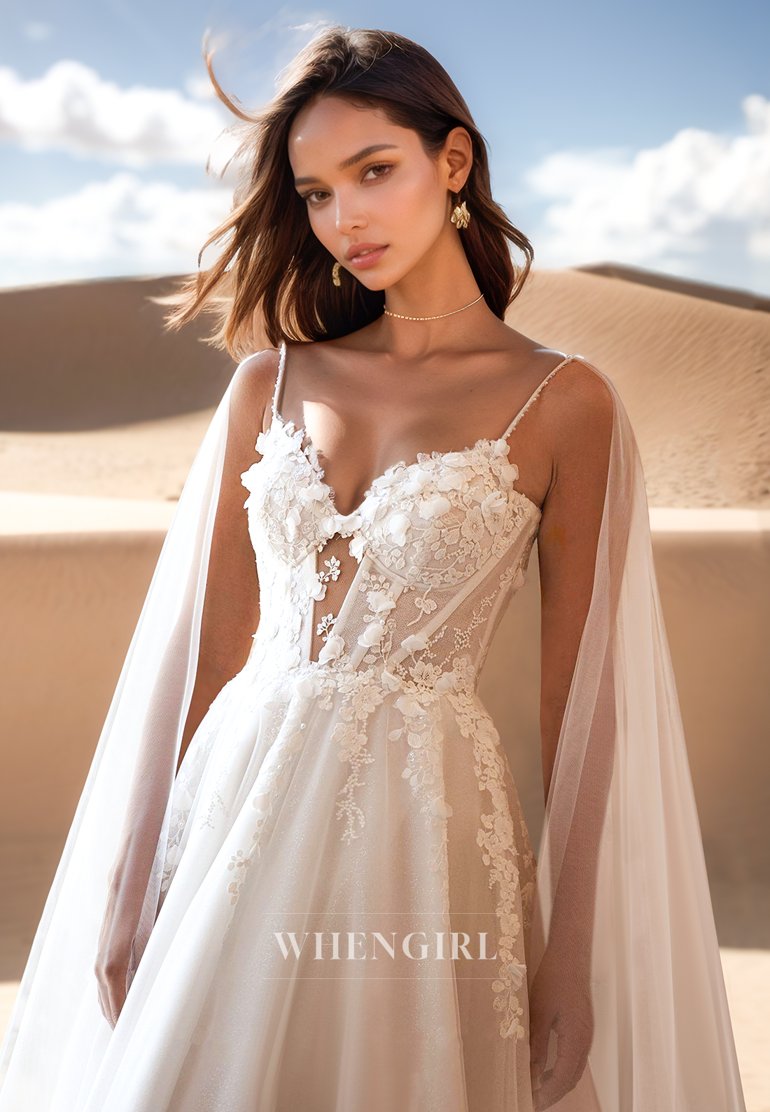 A Line Spaghetti Straps Lace Appliques Beach Wedding Dress for Bride