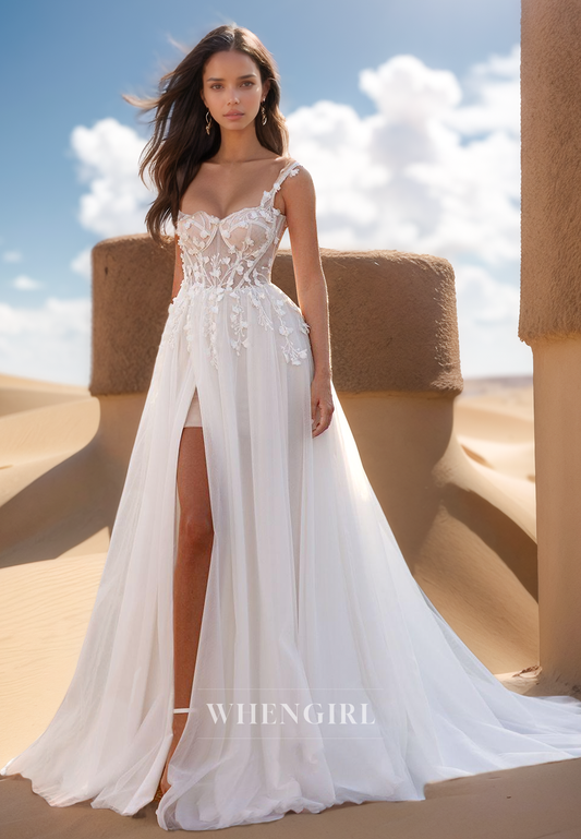 A Line Sweetheart Lace Appliques Beach Wedding Dress with Slit