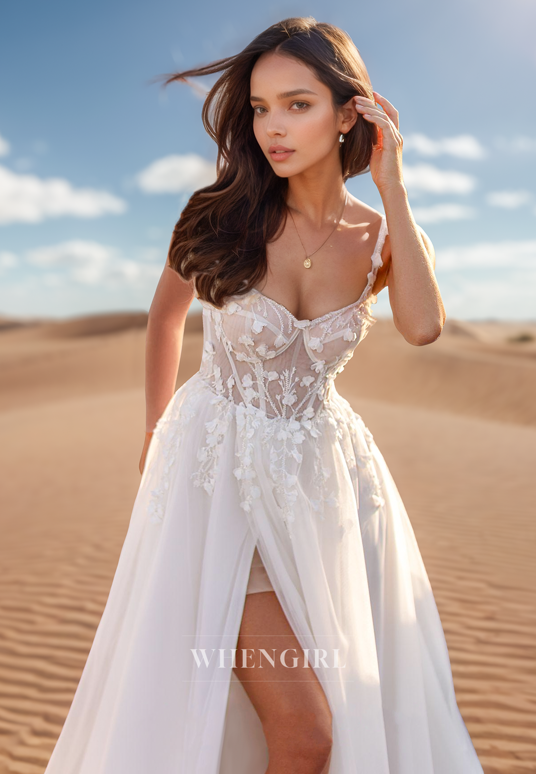 A Line Sweetheart Lace Appliques Beach Wedding Dress with Slit