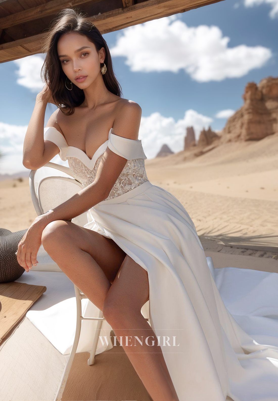 A Line Off Shoulder Bead Lace Side Slit Satin Wedding Dress
