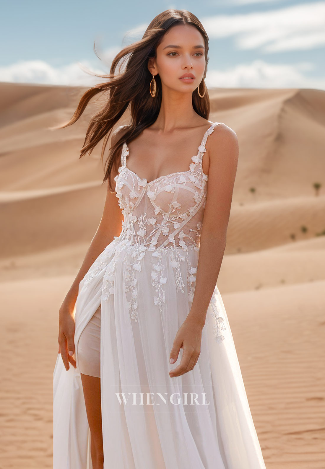 A Line Sweetheart Lace Appliques Beach Wedding Dress with Slit