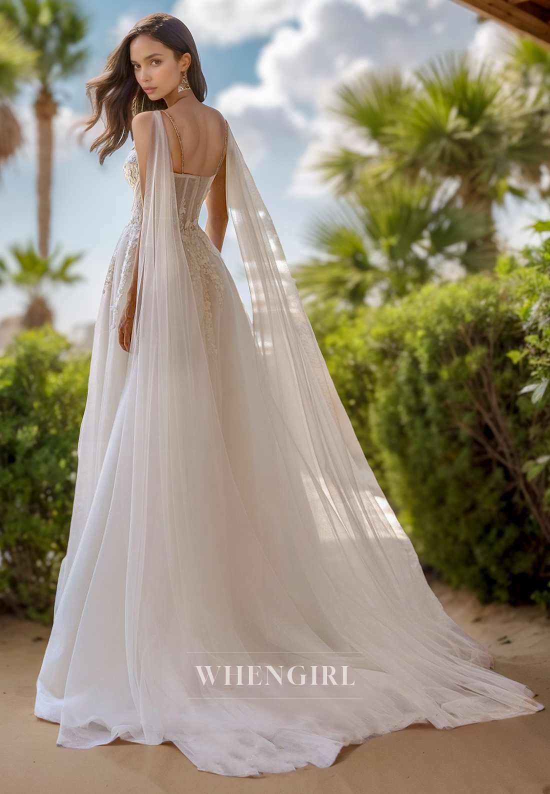 A Line Spaghetti Straps Lace Appliques Beach Wedding Dress for Bride