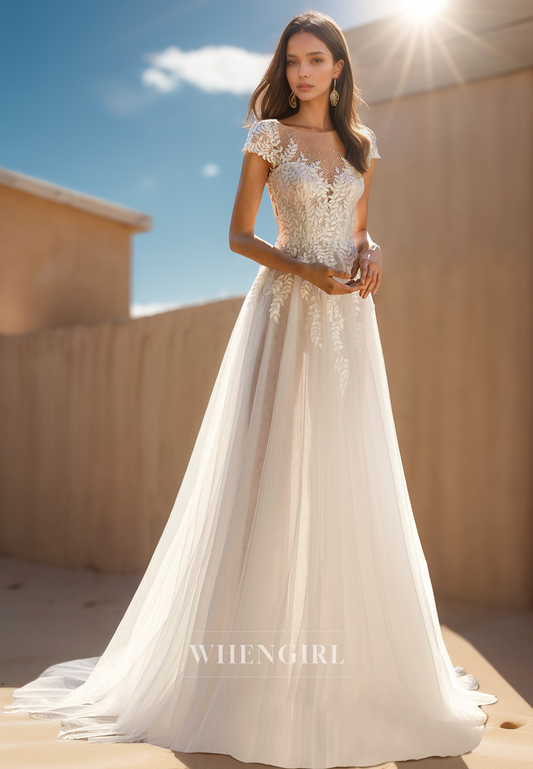 A Line Illusion Neckline Short Sleeves Lace Appliques Beach Wedding Dress