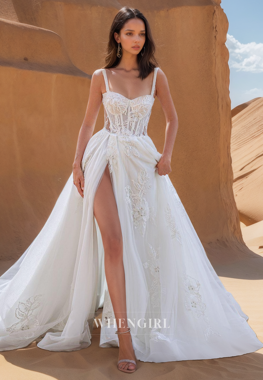 A Line Sweetheart Lace Appliques Side Slit Romantic Wedding Dress