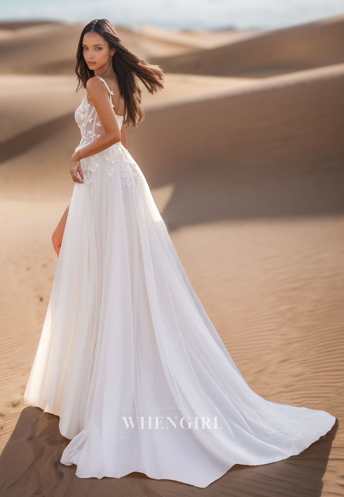 A Line Sweetheart Lace Appliques Beach Wedding Dress with Slit
