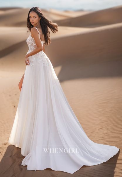 A Line Sweetheart Lace Appliques Beach Wedding Dress with Slit