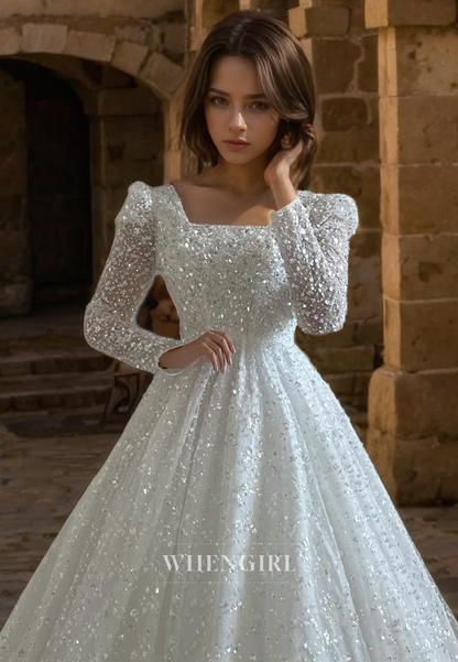 Glitter A-Line Square Long Sleeves Fully Sequins Long Wedding Dress