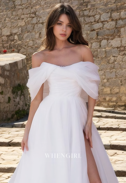 A-Line Off Shoulder Half Sleeves Pleated Wedding Dress with Slit