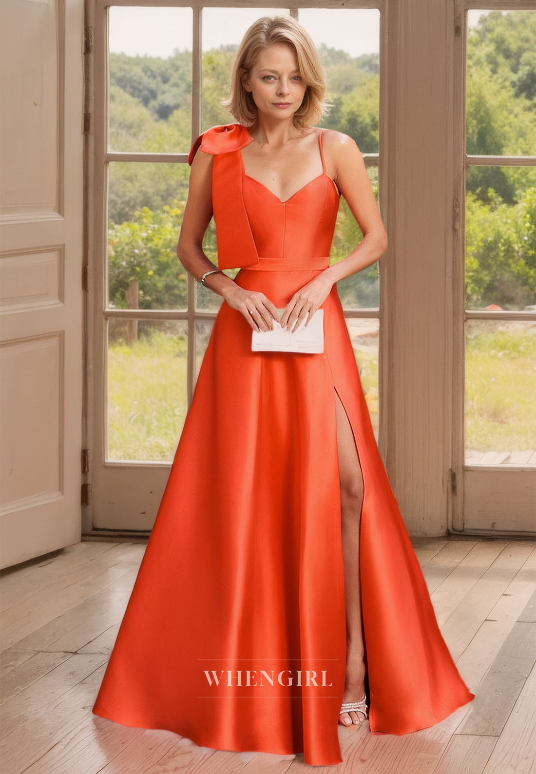 Chic & Modern Sweetheart A-Line Spaghetti Straps Slit Floor-Length Satin Mother of the Bride Dress with Bow