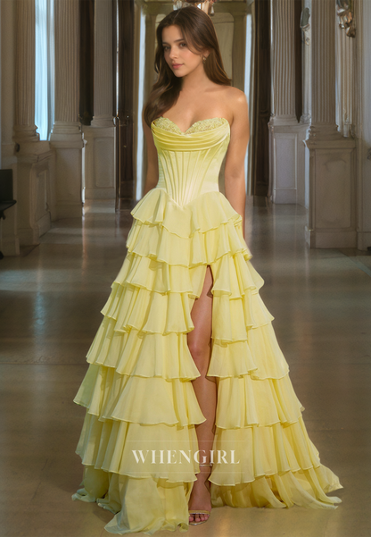 Graceful A-Line Sweetheart High Split Tiered Lace Prom Formal Party Dress with Appliques