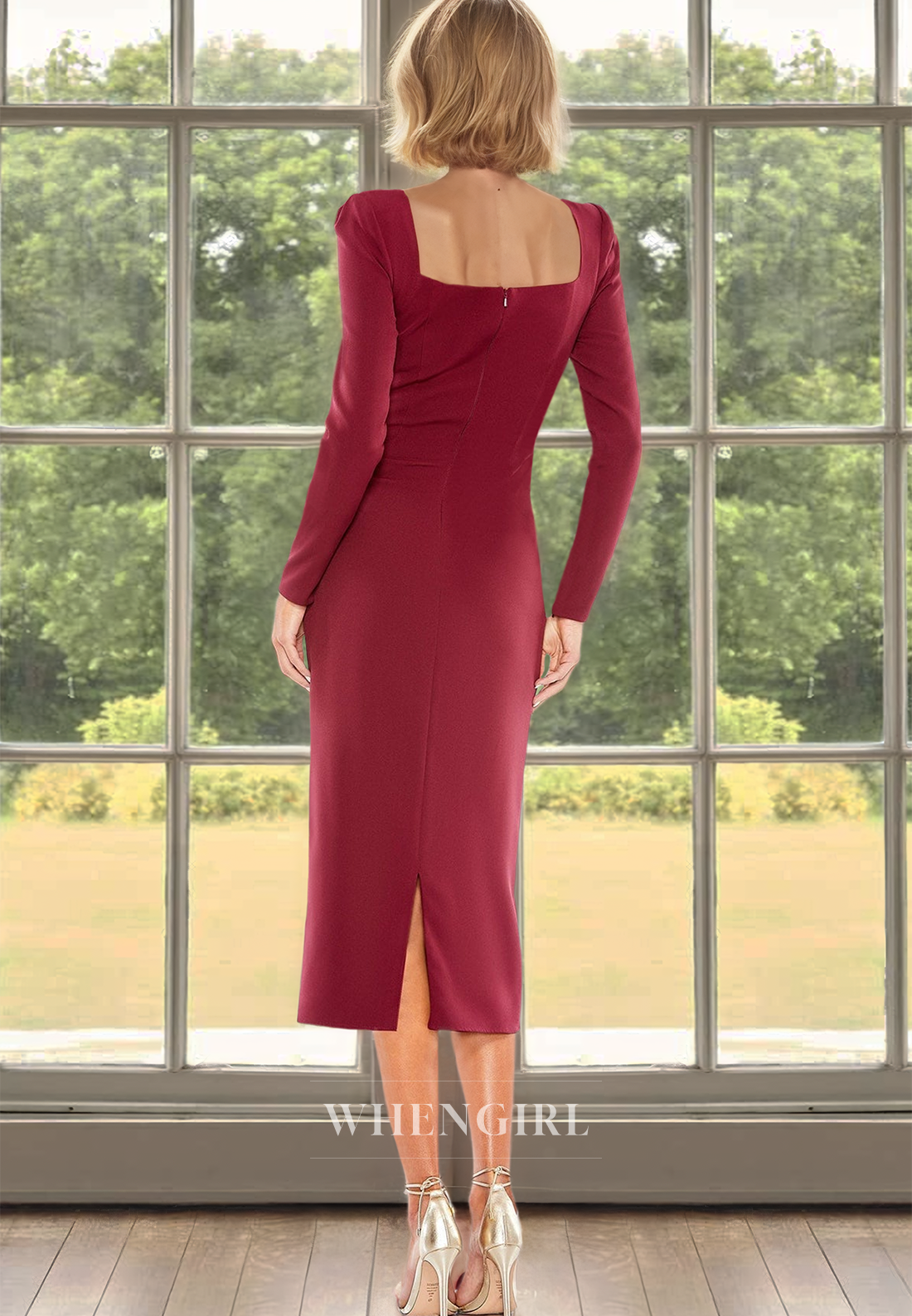 Simple Square Neck Long Sleeves Sheath Long Satin Mother of Groom Cocktail Dress