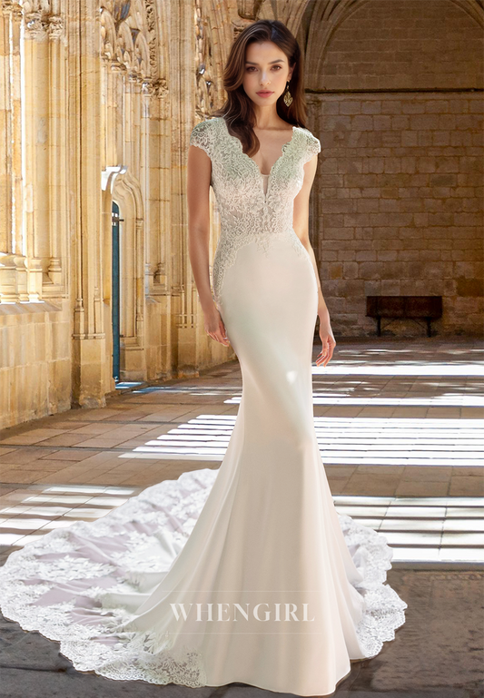Gorgerous Cap Sleeves V-Neck Mermaid Swwep Train Satin Wedding Dress with Appliques