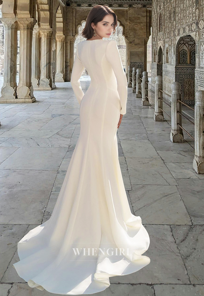Distinctive Long Sleeves V-Neck Mermaid Satin Beaded Bridal Gown with Train Wedding Dress