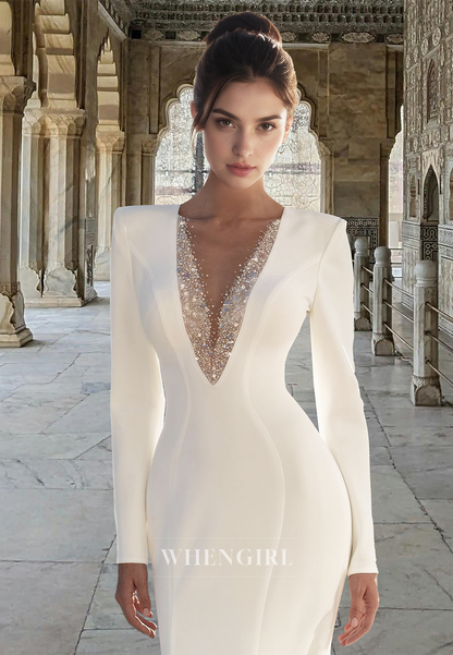 Distinctive Long Sleeves V-Neck Mermaid Satin Beaded Bridal Gown with Train Wedding Dress