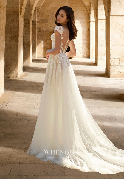 Beaded Scoop Neck Cap Sleeves A-Line Lace Beach Wedding Dress with Appliques Boho Gowns