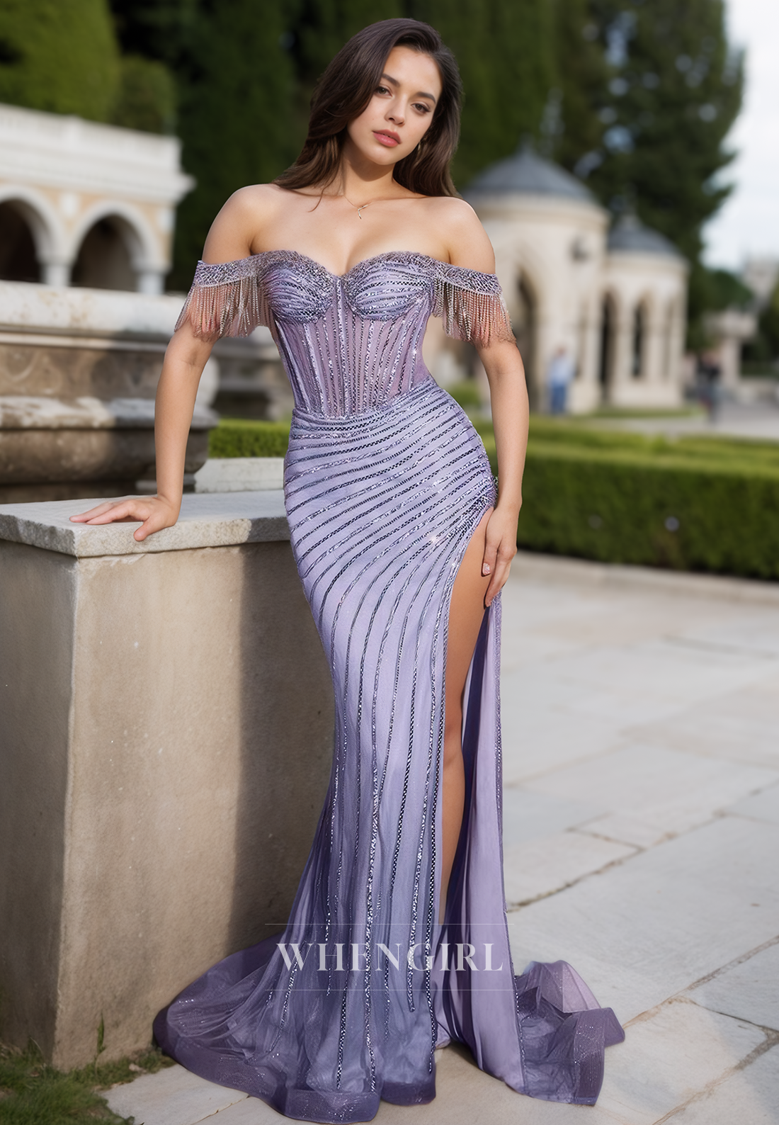 Sweetheart Sheath Sleeveless High Slit Stripe Sparkly Prom Dress with Detachable Overskirt Party Gowns