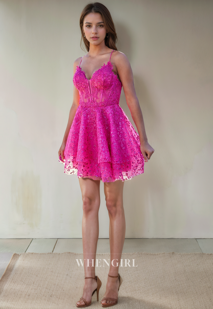 A-Line Strapless Straps Fully Appliques Tulle Tiered Homecoming Dress
