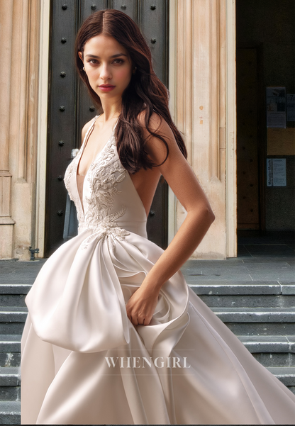 Halter V-Neck A-Line Sleeveless Brush Train Appliques Satin Wedding Bridal Gowns with Pockets