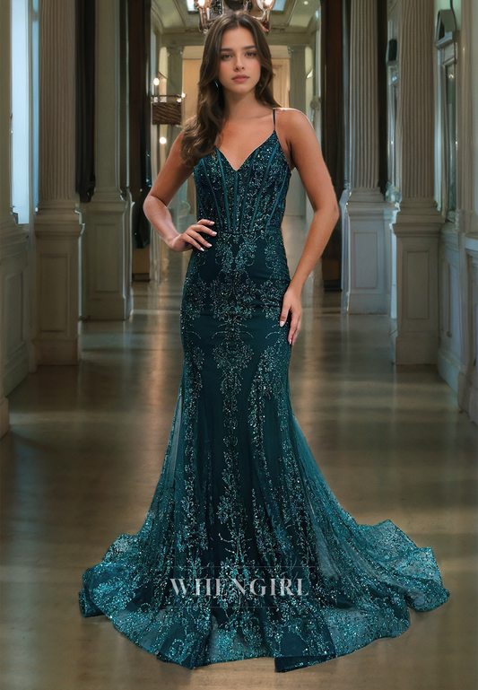 Mermaid V Neck Straps Sleeveless Glitter Long Prom Dress with Train