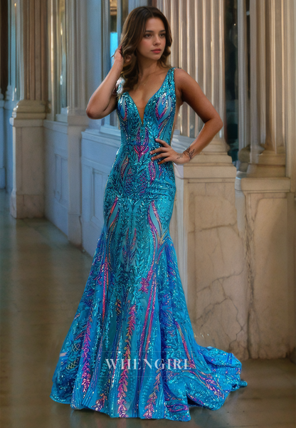 Mermaid V Neck Straps Sleeveless Fully Sequins Long Prom Dress with Train