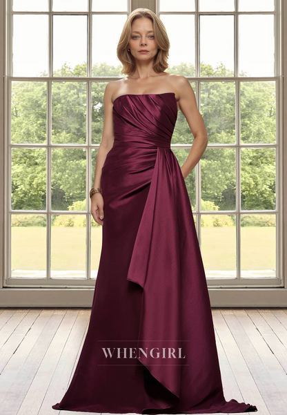 Tube Top Sheath Cocktail Dress Sleeveless Pleated Satin Mother of Groom with Train