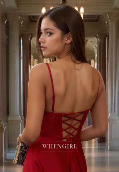 A-Line Strapless Straps Sleeveless Lace Up Long Prom Dress with High Side Slit
