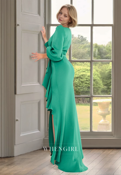 Low V-Neck Long Sleeves Sheath Mother of Bride Dress Satin Pleats Cocktail Dress with Slit