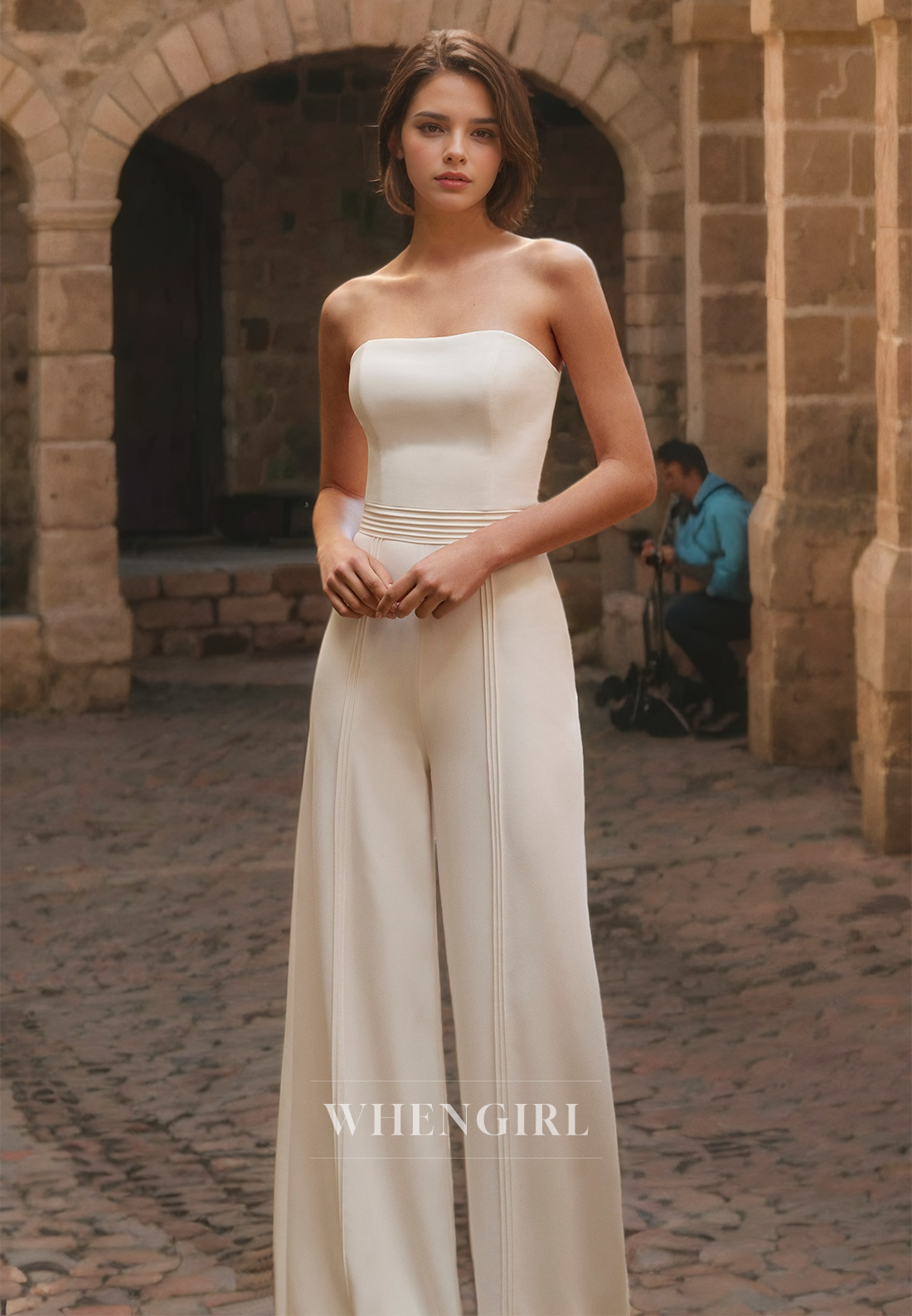 Jumpsuit Strapless Sleeveless Satin Wedding Dress with Lace Jacket