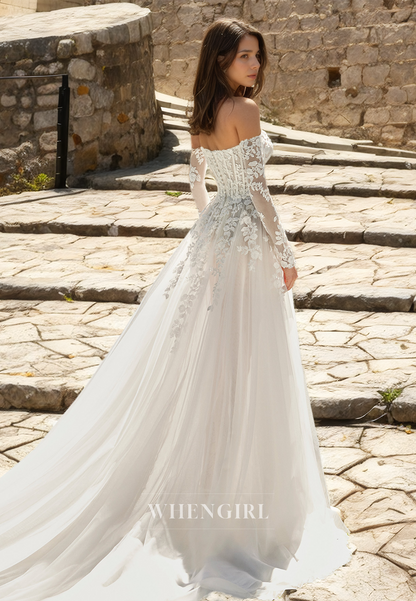 Tube Top A-Line Long Sleeves Sheer Beach Wedding Dress Appliques Lace Boho Dress with Train