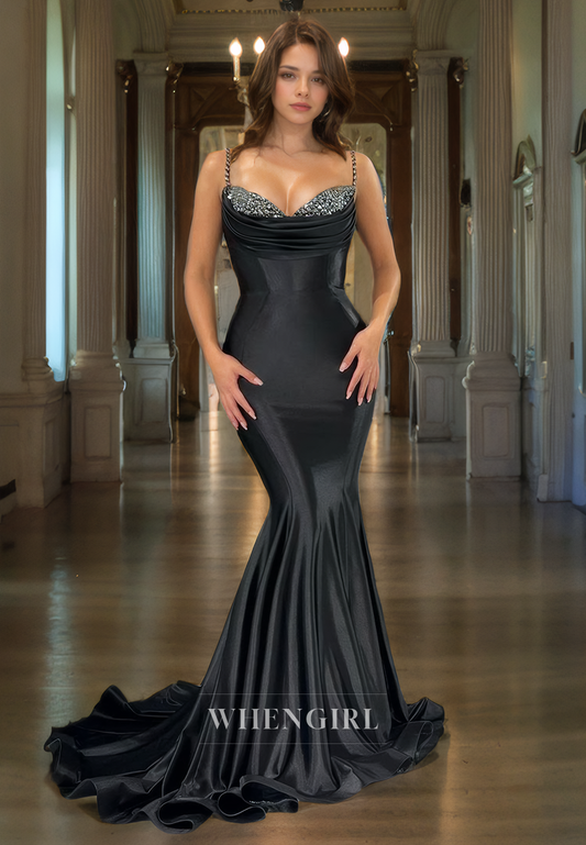 Mermaid Strapless Straps Sleeveless Beaded Long Prom Dress with Train