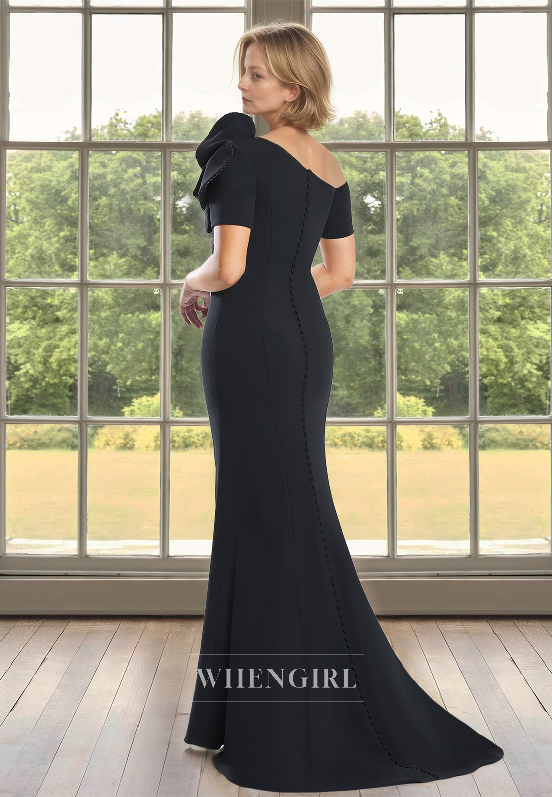 Beaded One Shoulder Short Sleeves Sheath Satin Long Mother of Groom with Floral Cocktail Gowns